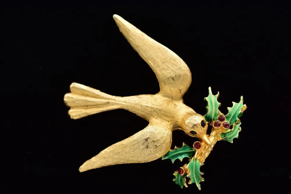 Mylu Vintage Christmas Bird Pin Brooch Brushed Gold Holiday Signed 1950s BinBK